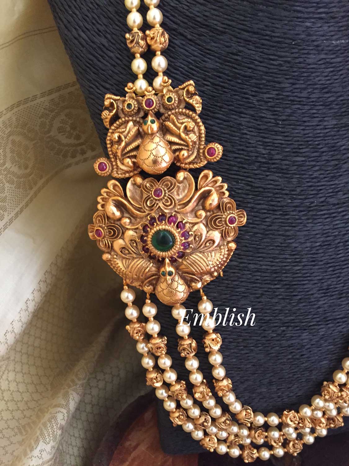 Antique finish peacock motif royal moti beads layer neckpiece